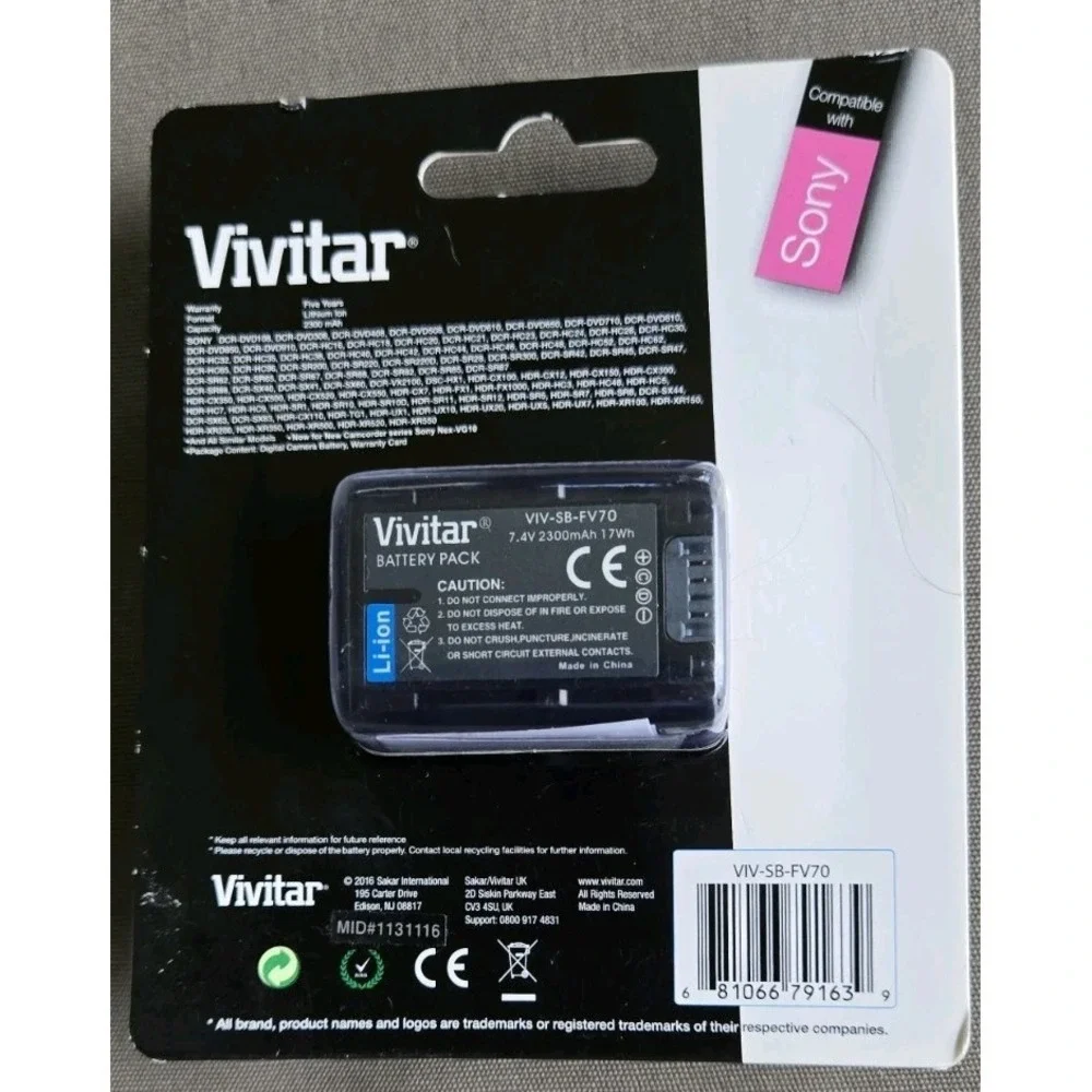New Sealed Vivitar NP-FV70 2300mAhBattery f/Sony cx150,cx550,cx110